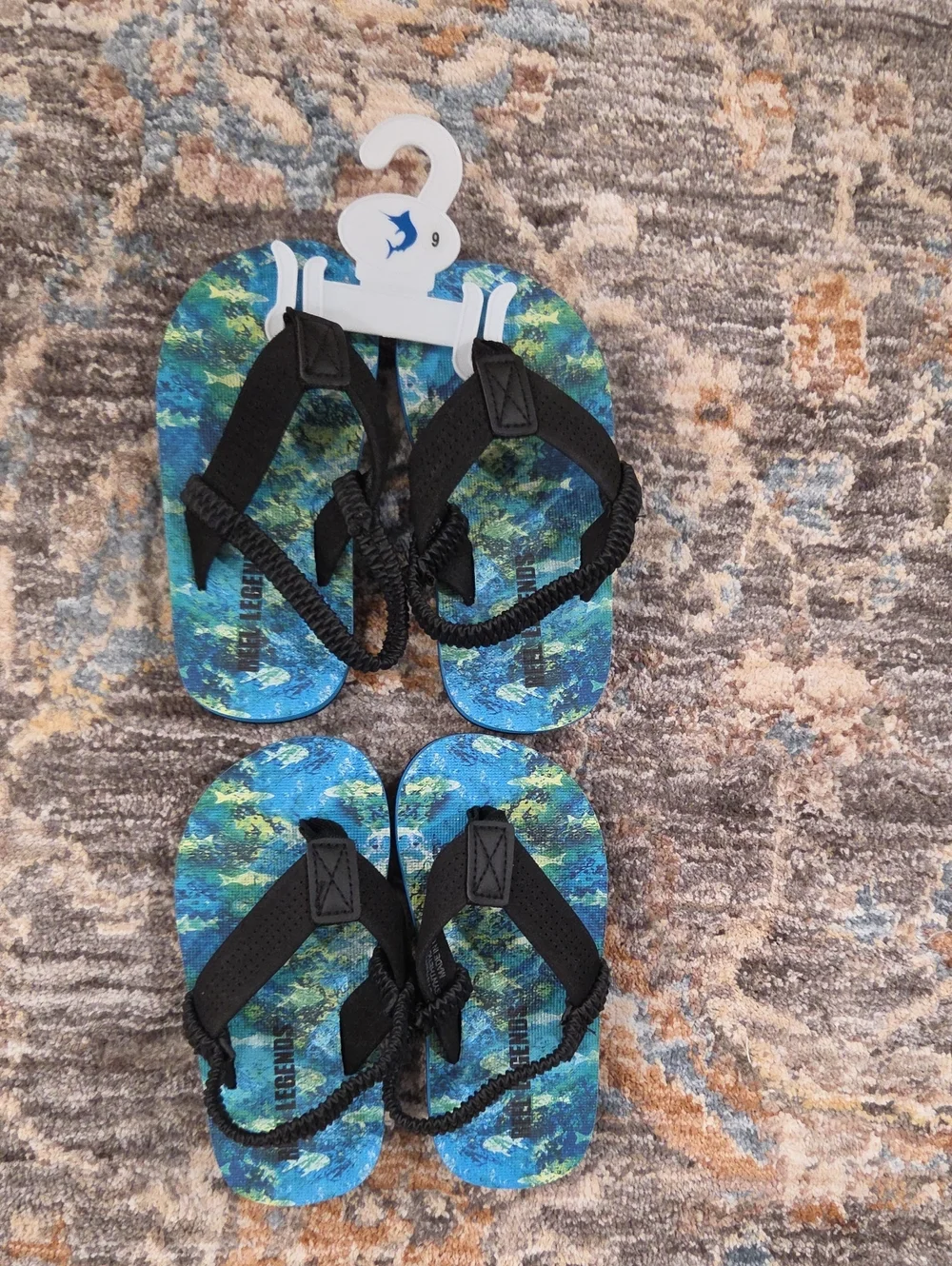 NEW Reel Legends Lot Of 2 Kids Black Strap Flip-Flops with Blue Green Pattern